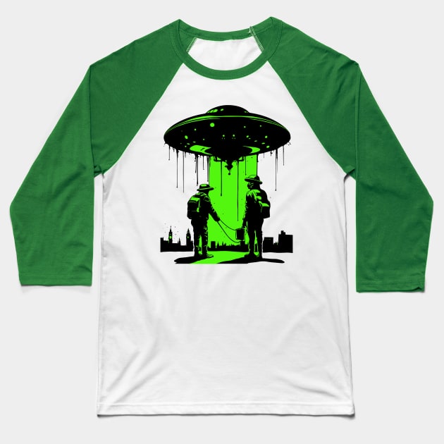 The Investigation: Retro Sci-Fi Flying Saucer Baseball T-Shirt by SunGraphicsLab